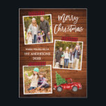 Brush Script Plaid Craft Tape Wood Truck Christmas Postcard<br><div class="desc">Modern Brush Script Merry Christmas 3 Photo Collage Holiday Postcard includes Red Plaid Craft Tape and Watercolor Vintage Red Truck with Christmas Tree. Rustic Country Wood.</div>