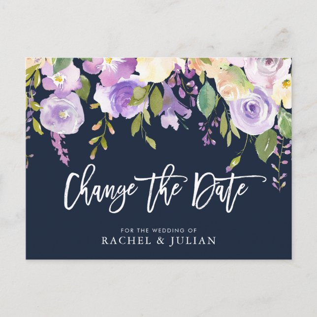 brush script purple floral change the date postcard (Front)