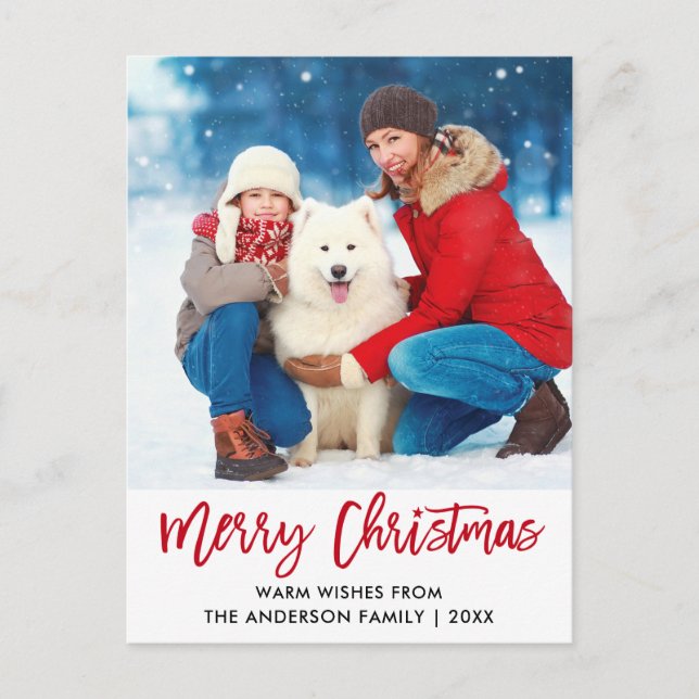 Brush Script Red Merry Christmas Star Photo Postcard (Front)