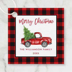 Brush Script Red Plaid Christmas Vintage Red Truck Favour Tags