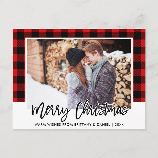 Brush Script Red Plaid Couple Photo Christmas Postcard (Front)
