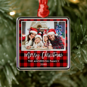 Brush Script Red Plaid Family Merry Christmas Metal Tree Decoration