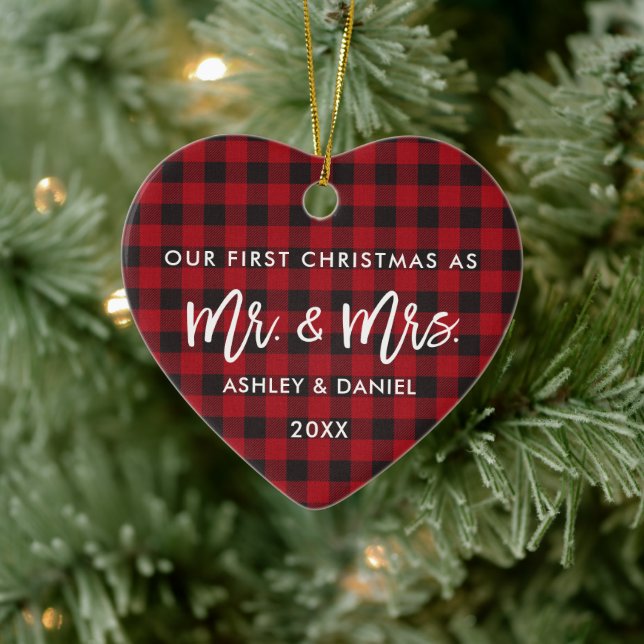 Brush Script Red Plaid First Christmas Mr. Mrs. Ceramic Tree Decoration (Tree)