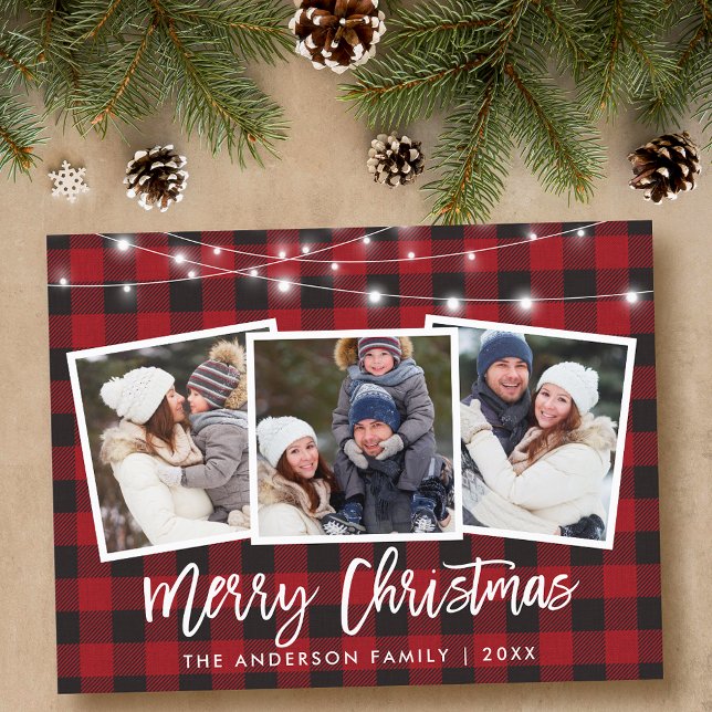 Brush Script Red Plaid Lights 3 Photo Christmas Postcard (Customize to change your personalized text size or text style.)
