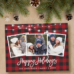Brush Script Red Plaid Lights 3 Photo Holiday Postcard<br><div class="desc">Brush Script 3 Photo Family Happy Holidays Card with String Lights - Red Buffalo Plaid</div>