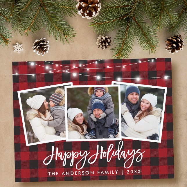 Brush Script Red Plaid Lights 3 Photo Holiday Postcard (Customize to change your personalized text size or text style.)