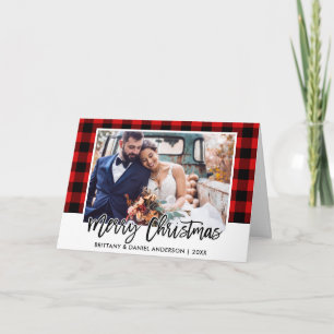 Brush Script Red Plaid Wedding Photo Christmas Holiday Card