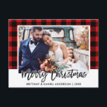 Brush Script Red Plaid Wedding Photo Christmas Postcard<br><div class="desc">Modern Brush Script Red Plaid Wedding Photo Christmas Postcard</div>