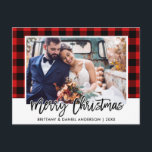 Brush Script Red Plaid Wedding Photo Christmas Postcard<br><div class="desc">Modern Brush Script Red Plaid Wedding Photo Christmas Postcard</div>