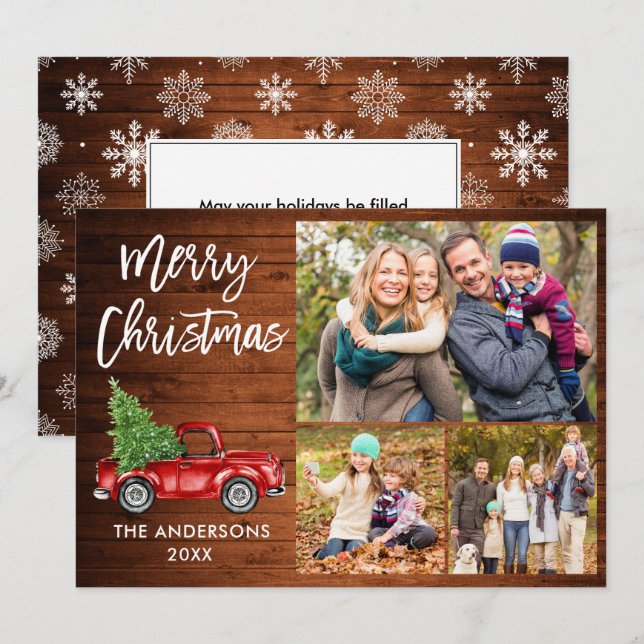 Brush Script Red Truck 3 Photo Wood Snowflakes Holiday Card (Front/Back)