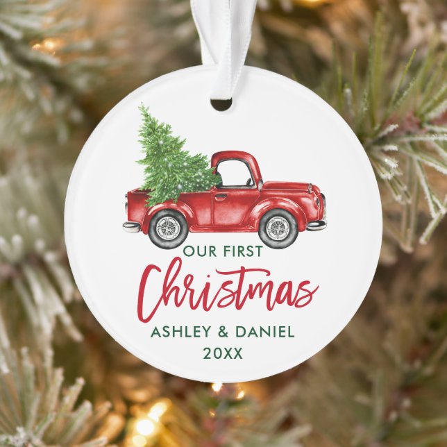 Brush Script Red Truck First Christmas Ornament (Tree)