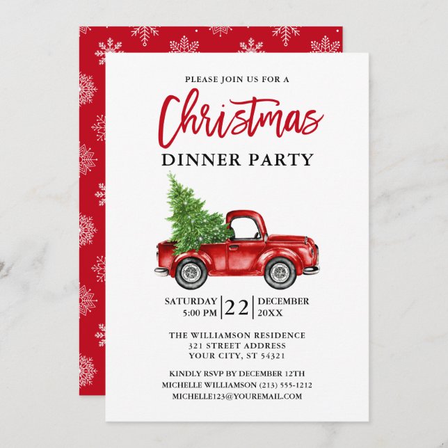 Brush Script Red Truck Snowflakes Christmas Party Invitation (Front/Back)
