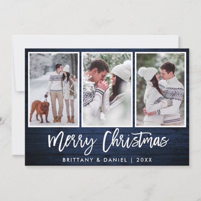 Brush Script Rustic Blue Wood Christmas 3 Photo Holiday Card (Front)