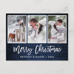 Brush Script Rustic Blue Wood Christmas 3 Photo Postcard