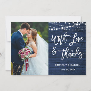 Brush Script Rustic Blue Wood Love Thanks Wedding Thank You Card