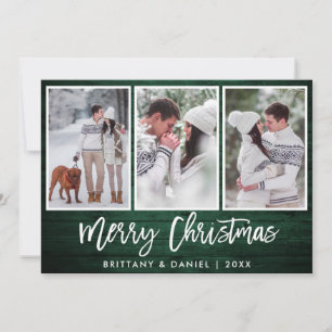 Brush Script Rustic Green Wood Christmas 3 Photo Holiday Card