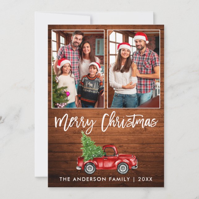 Brush Script Rustic Wood 2 Photo Christmas Truck Holiday Card (Front)