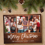 Brush Script Rustic Wood 3 Photo Christmas Postcard<br><div class="desc">Modern Brush Script Rustic Wood 3 Photo Family Photo Merry Christmas Holiday Postcard</div>