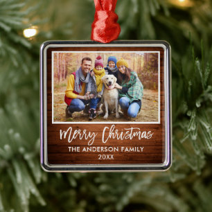 Brush Script Rustic Wood Family Merry Christmas Metal Tree Decoration