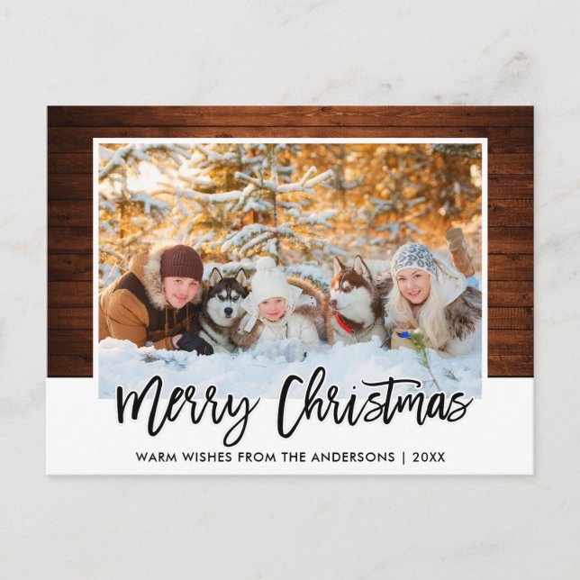 Brush Script Rustic Wood Family Photo Christmas Postcard (Front)