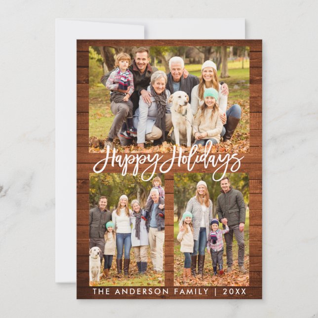 Brush Script Rustic Wood Happy Holidays Photo Holiday Card (Front)