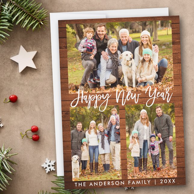 Brush Script Rustic Wood Happy New Year Photo Holiday Card (Customize to add text to back of card.)