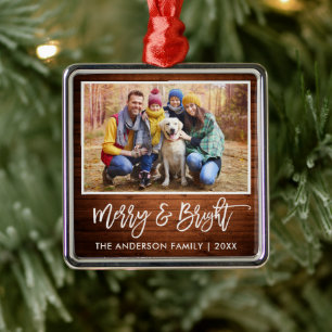 Brush Script Rustic Wood Merry and Bright Family Metal Tree Decoration