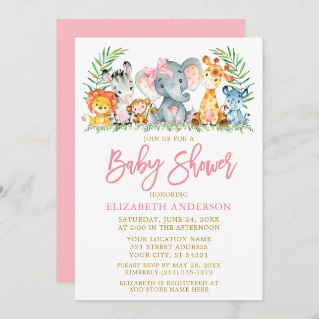 Brush Script Safari Animals Pink Bow Baby Shower Invitation (Front/Back)