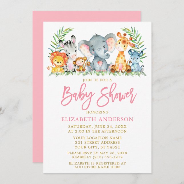 Brush Script Safari Animals Pink Gold Baby Shower Invitation (Front/Back)