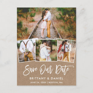 Brush Script Save Our Date 4 Photo Kraft Postcard