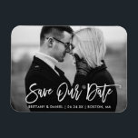 Brush Script Save Our Date Black and White Magnet<br><div class="desc">Modern Brush Script Save Our Date Engagement Couple Photo Magnet - Black and White Photo</div>