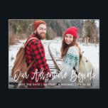 Brush Script Save The Date Adventure Couple Photo Postcard<br><div class="desc">Our Adventure Begins,  Save The Date Modern Brush Script Engagement Couple Photo Postcard</div>