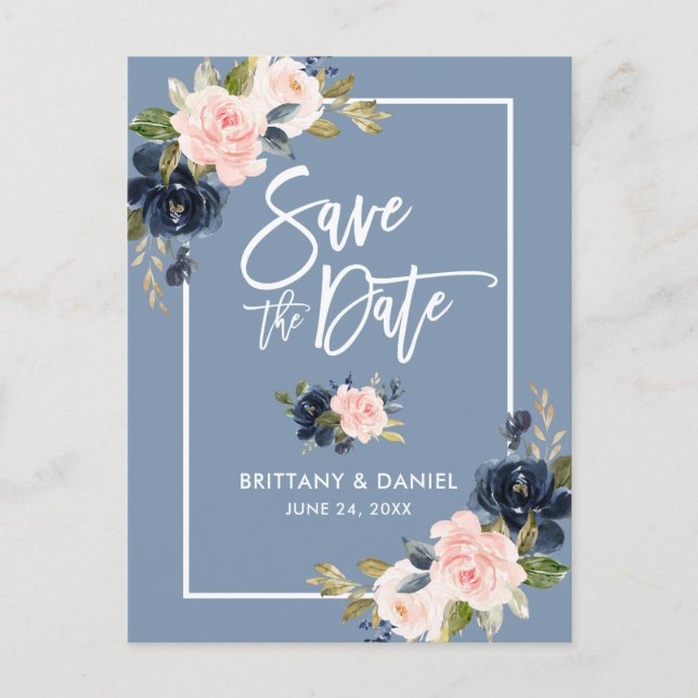 Brush Script Save the Date Dusty Blue Pink Floral Announcement Postcard (Front)