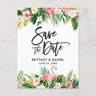 Brush Script Save the Date Tropical Flamingo Postcard