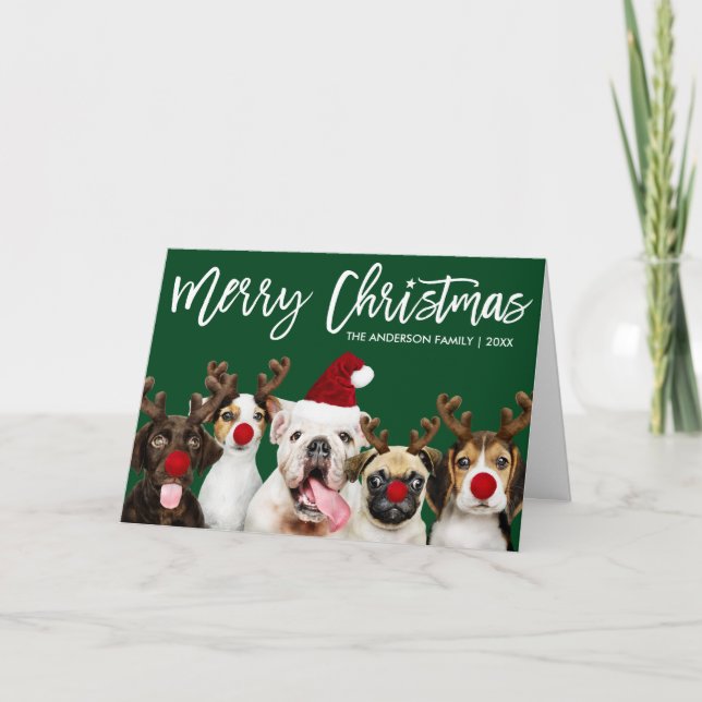 Brush Script Star Christmas Dogs Green Folded Holiday Card (Front)