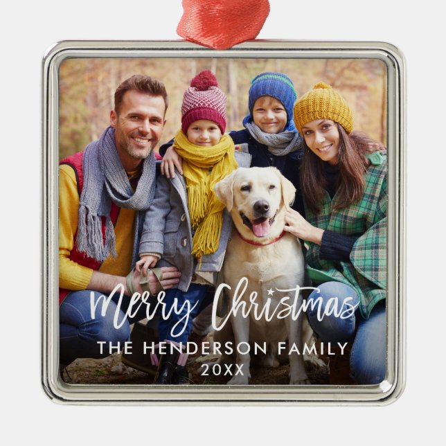 Brush Script Star Family Photo Merry Christmas Sq Metal Tree Decoration (Front)