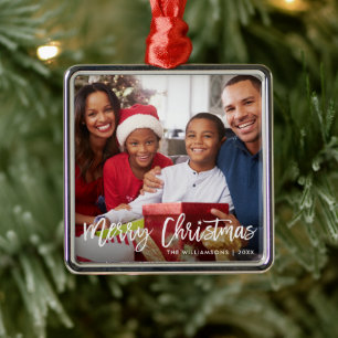 Brush Script Star Merry Christmas Family Photo Metal Tree Decoration