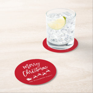 Brush Script Star Santa Merry Christmas Round Paper Coaster