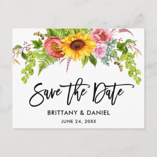Brush Script Sunflower Boho Floral Save the Date Postcard