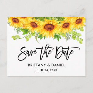 Brush Script Sunflower Floral Save the Date Postcard