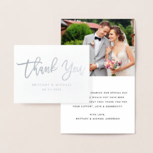 Brush Script Thank You Wedding Photo Note Silver Foil Card