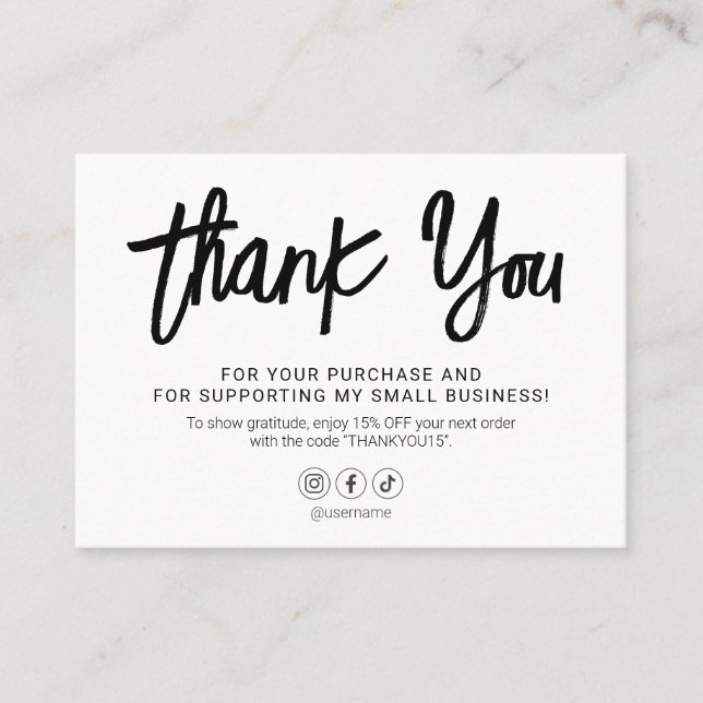 Brush Script Thank You White Business Card (Front)