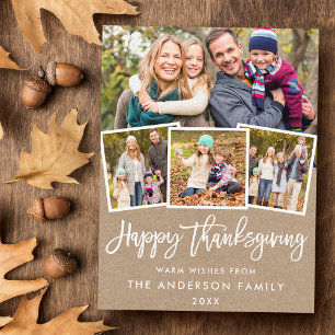Brush Script Thanksgiving 4 Photo Kraft Postcard