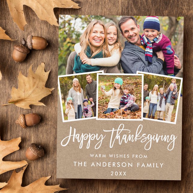 Brush Script Thanksgiving 4 Photo Kraft Postcard (Customize to change your personalized text size or text style.)