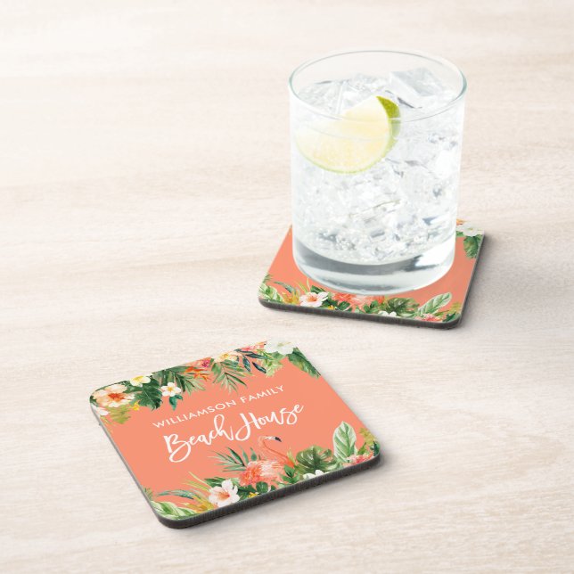 Brush Script Tropical Coral Floral Beach House Coaster (Right Side)