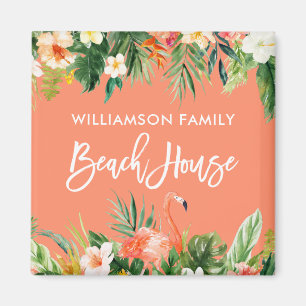 Brush Script Tropical Coral Floral Beach House Magnet