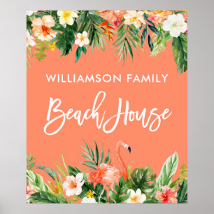 Brush Script Tropical Coral Floral Beach House Poster