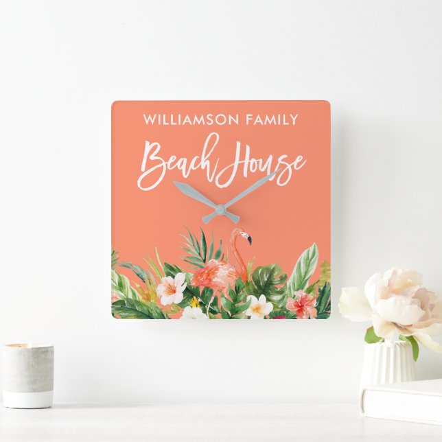 Brush Script Tropical Coral Floral Beach House Square Wall Clock (Home)