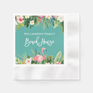 Brush Script Tropical Floral Beach House Cocktail Napkin