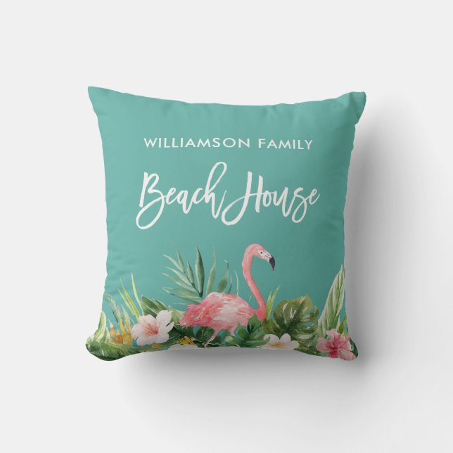 Brush Script Tropical Floral Family Beach House Cushion (Front)